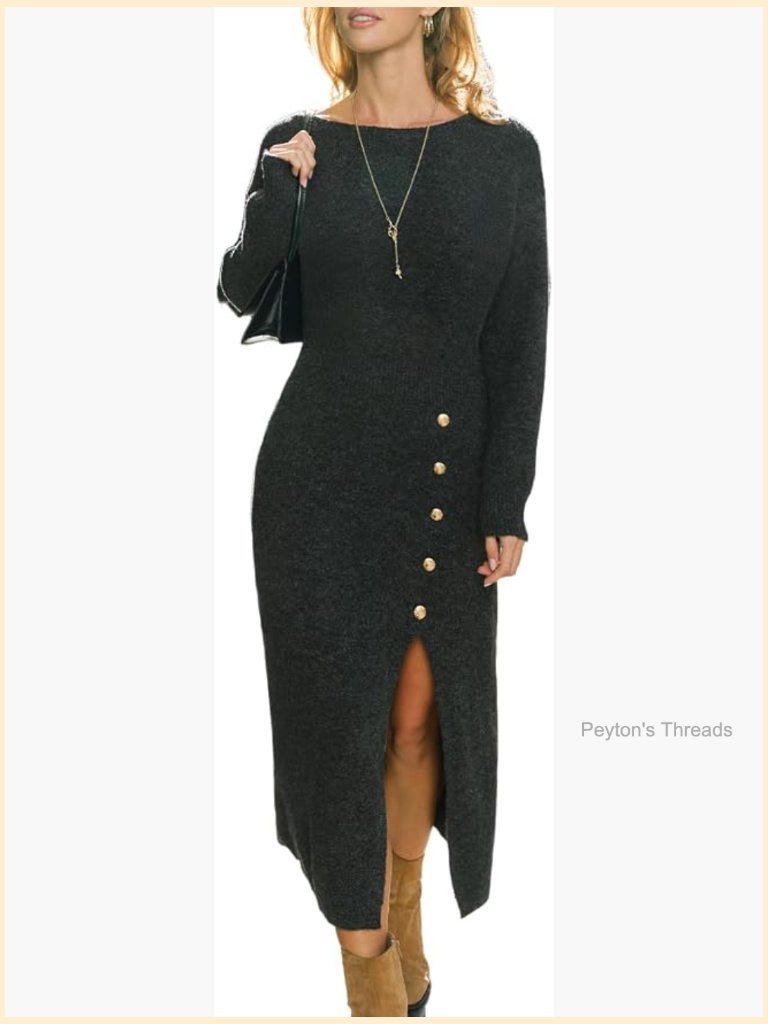 Crew Neck Long Sleeve Button Front Midi Sweater Dress With Slit
